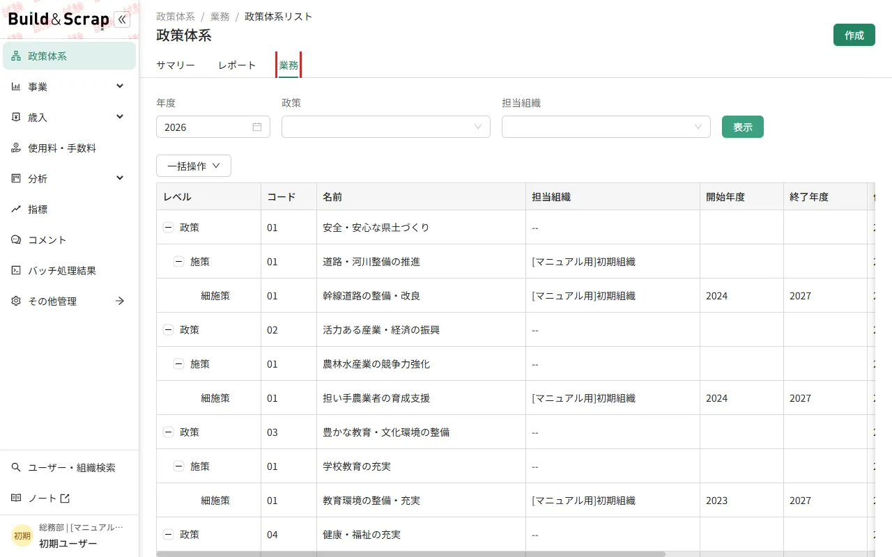 業務タブの一覧
