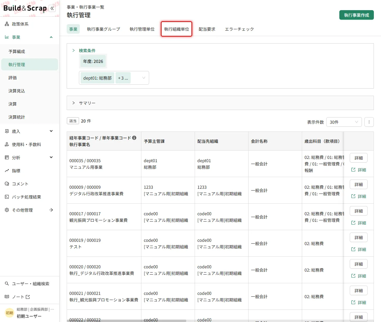 執行管理画面で「執行組織単位」タブを開く